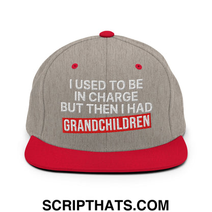 I Used to Be in Charge but Then I Had Grandchildren Embroidered Flat Bill Brim Snapback Hat Heather Grey Red