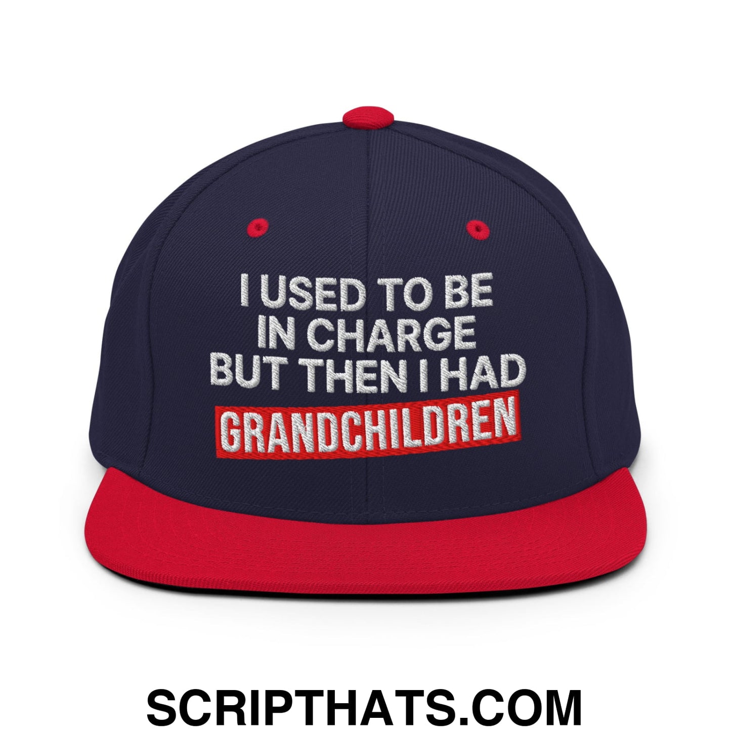 I Used to Be in Charge but Then I Had Grandchildren Embroidered Flat Bill Brim Snapback Hat Navy Red