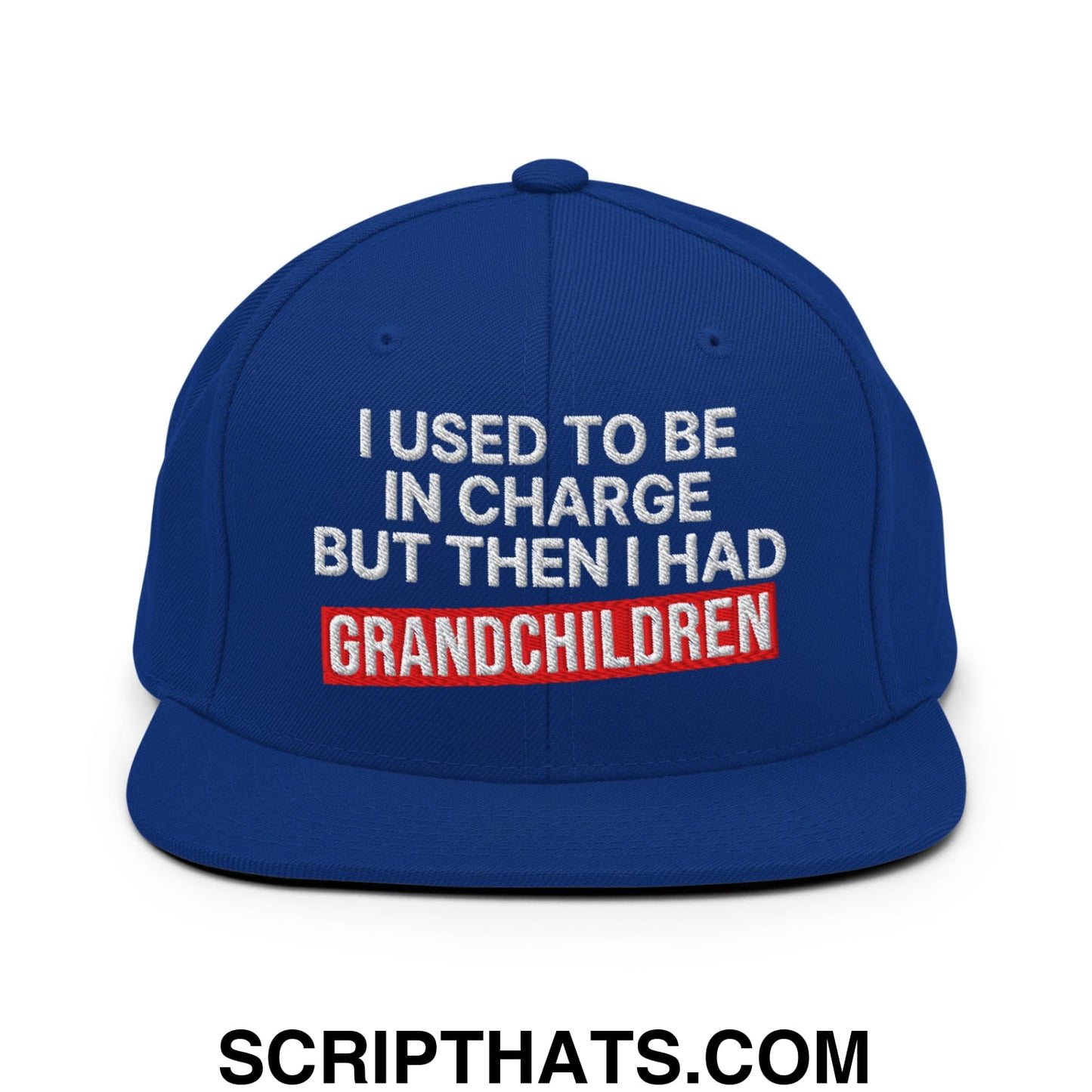 I Used to Be in Charge but Then I Had Grandchildren Embroidered Flat Bill Brim Snapback Hat Royal Blue