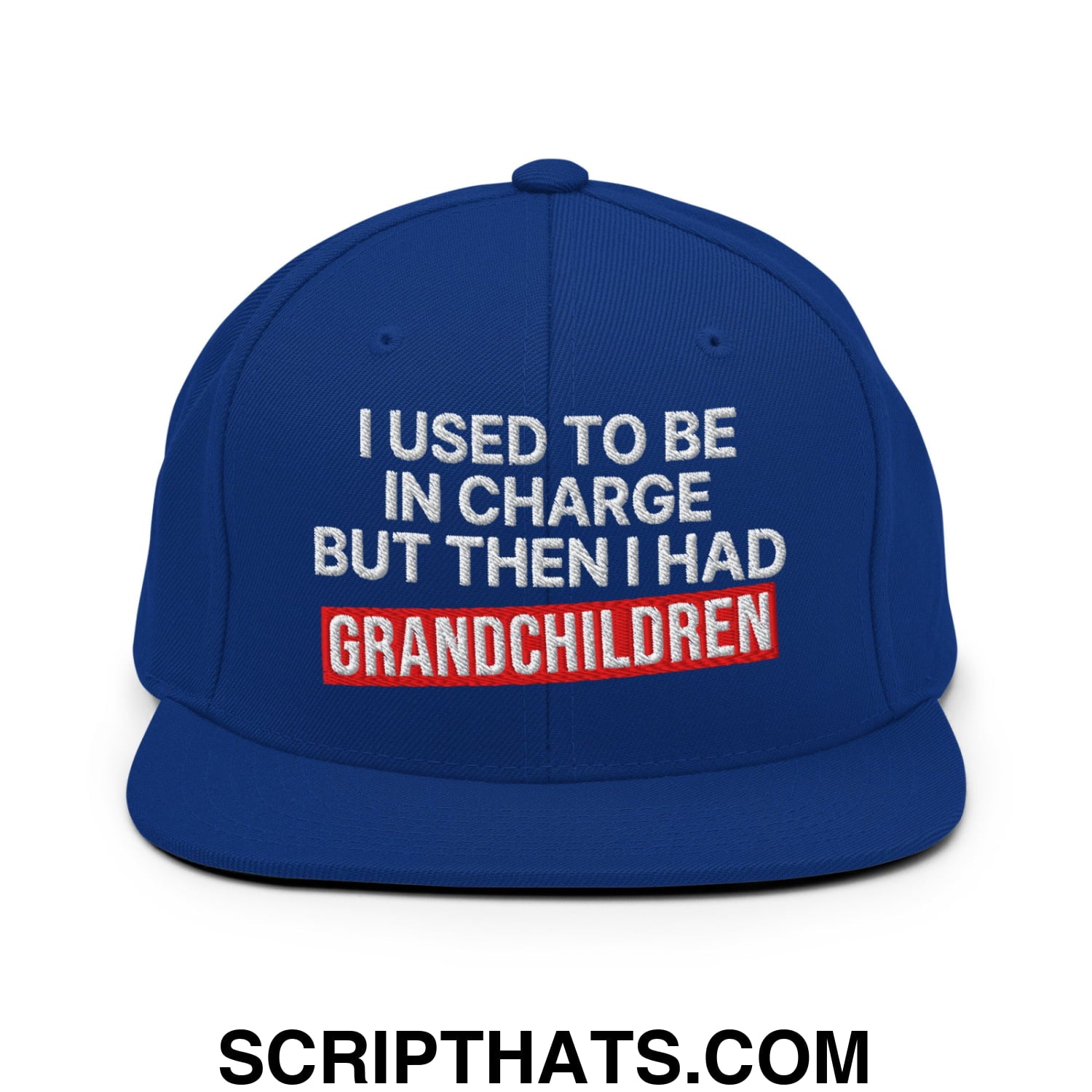 I Used to Be in Charge but Then I Had Grandchildren Embroidered Flat Bill Brim Snapback Hat Royal Blue