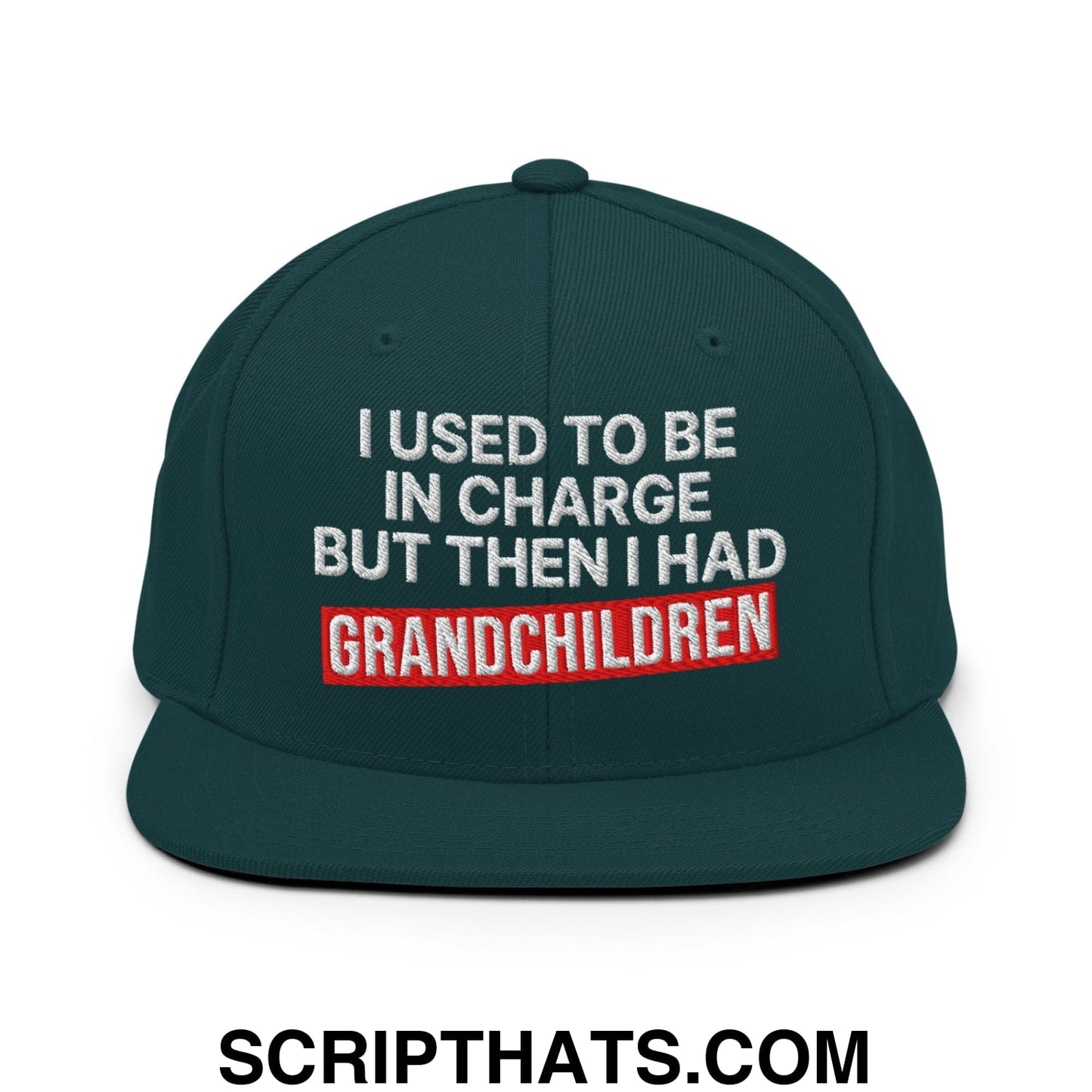 I Used to Be in Charge but Then I Had Grandchildren Embroidered Flat Bill Brim Snapback Hat Spruce