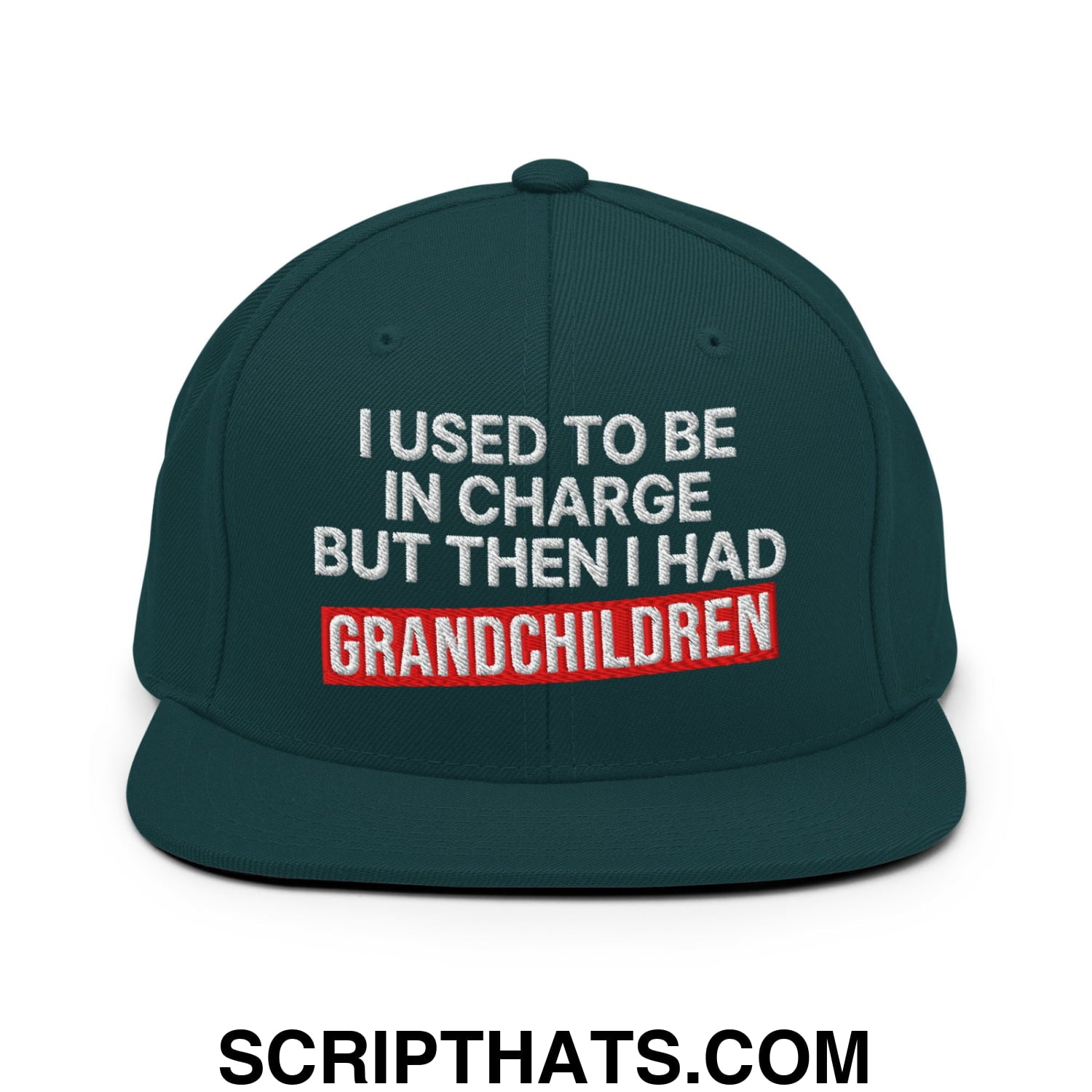 I Used to Be in Charge but Then I Had Grandchildren Embroidered Flat Bill Brim Snapback Hat Spruce