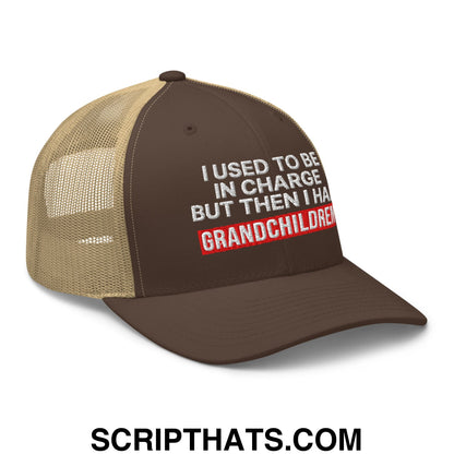 I Used to Be in Charge but Then I Had Grandchildren Embroidered Mesh Trucker Hat Brown Khaki