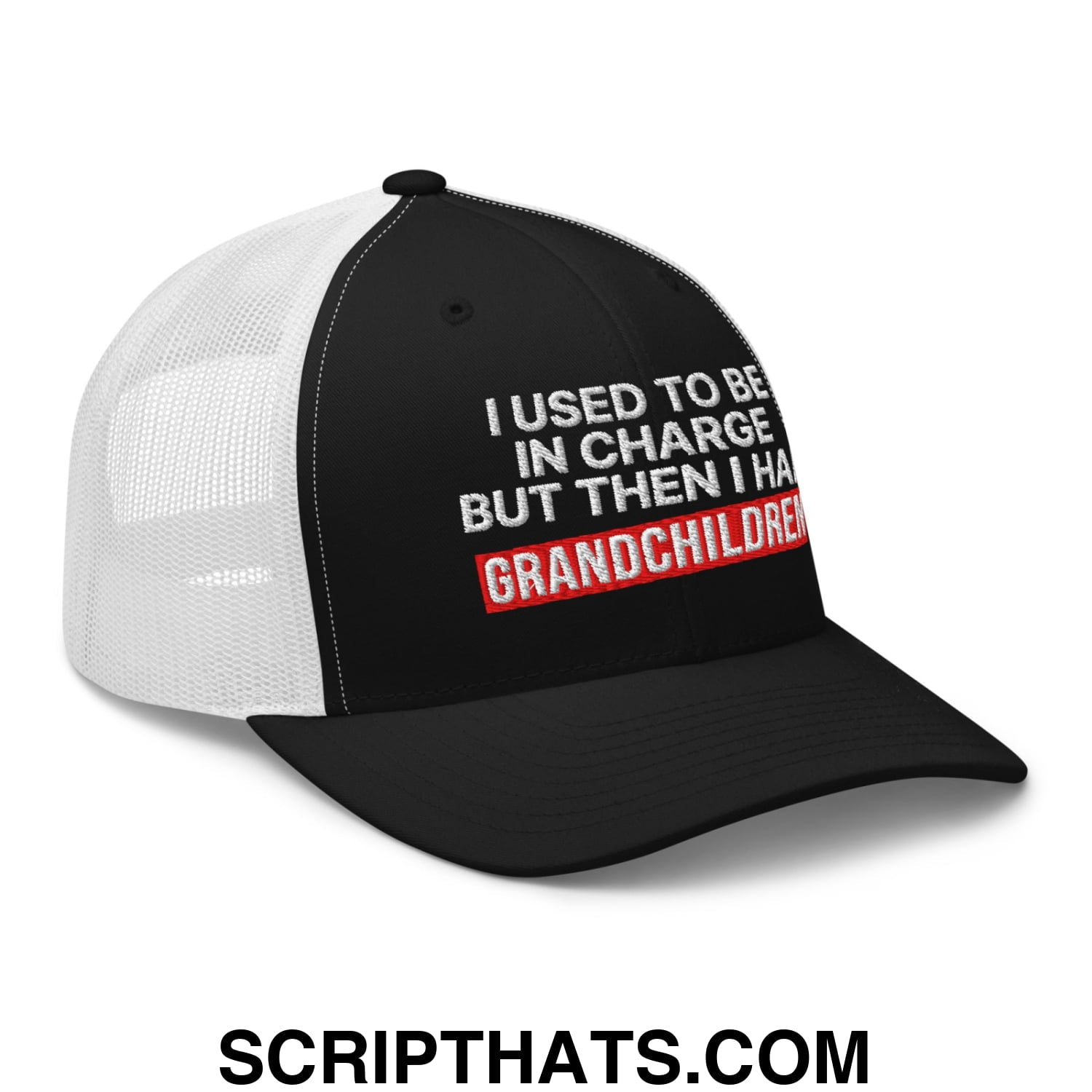 I Used to Be in Charge but Then I Had Grandchildren Embroidered Mesh Trucker Hat Black White
