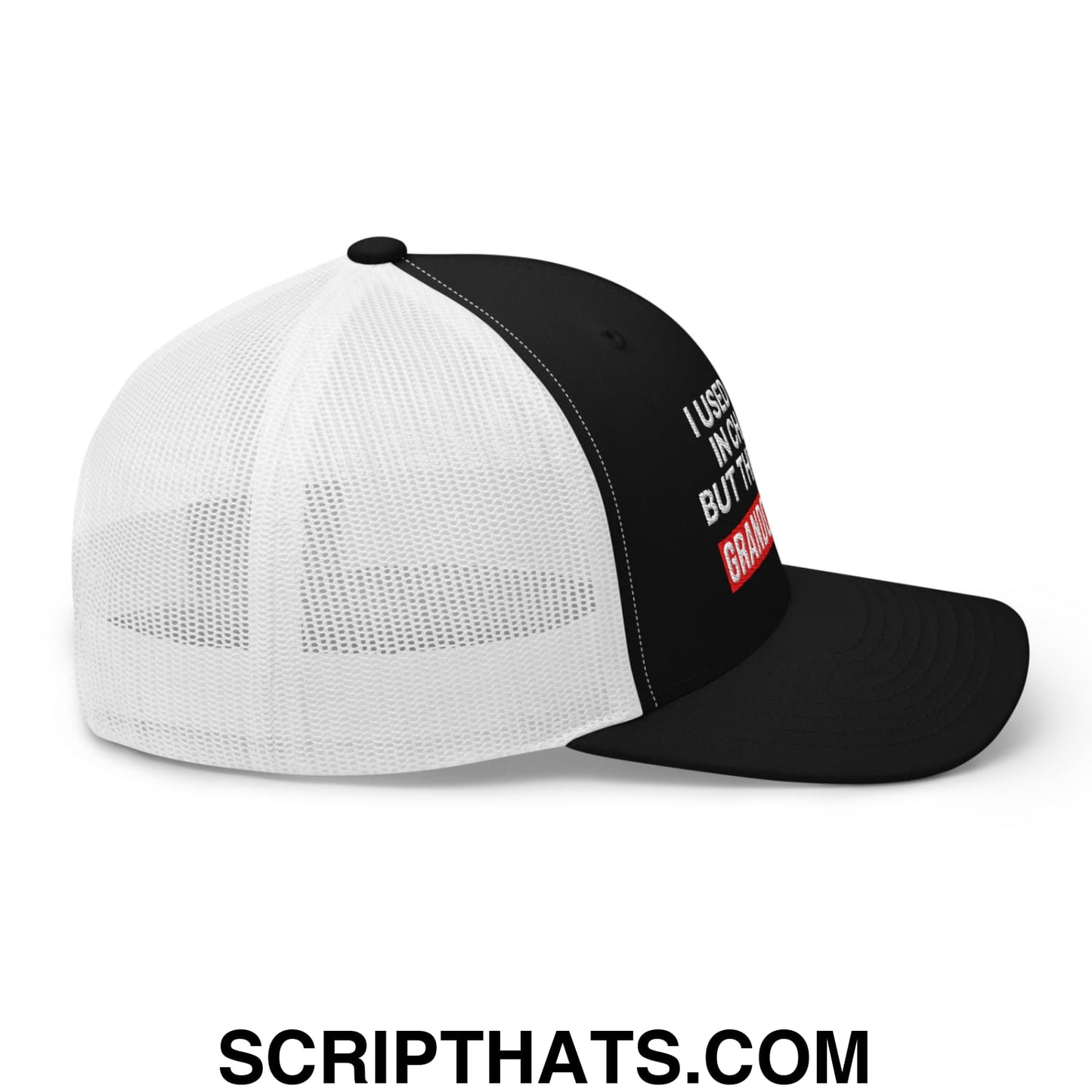 I Used to Be in Charge but Then I Had Grandchildren Embroidered Mesh Trucker Hat Black White