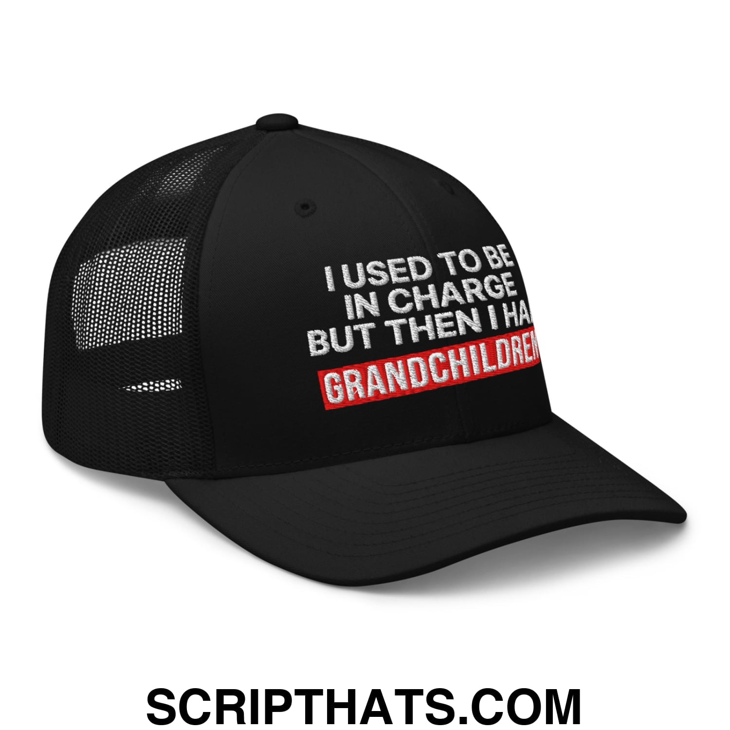 I Used to Be in Charge but Then I Had Grandchildren Embroidered Mesh Trucker Hat Black
