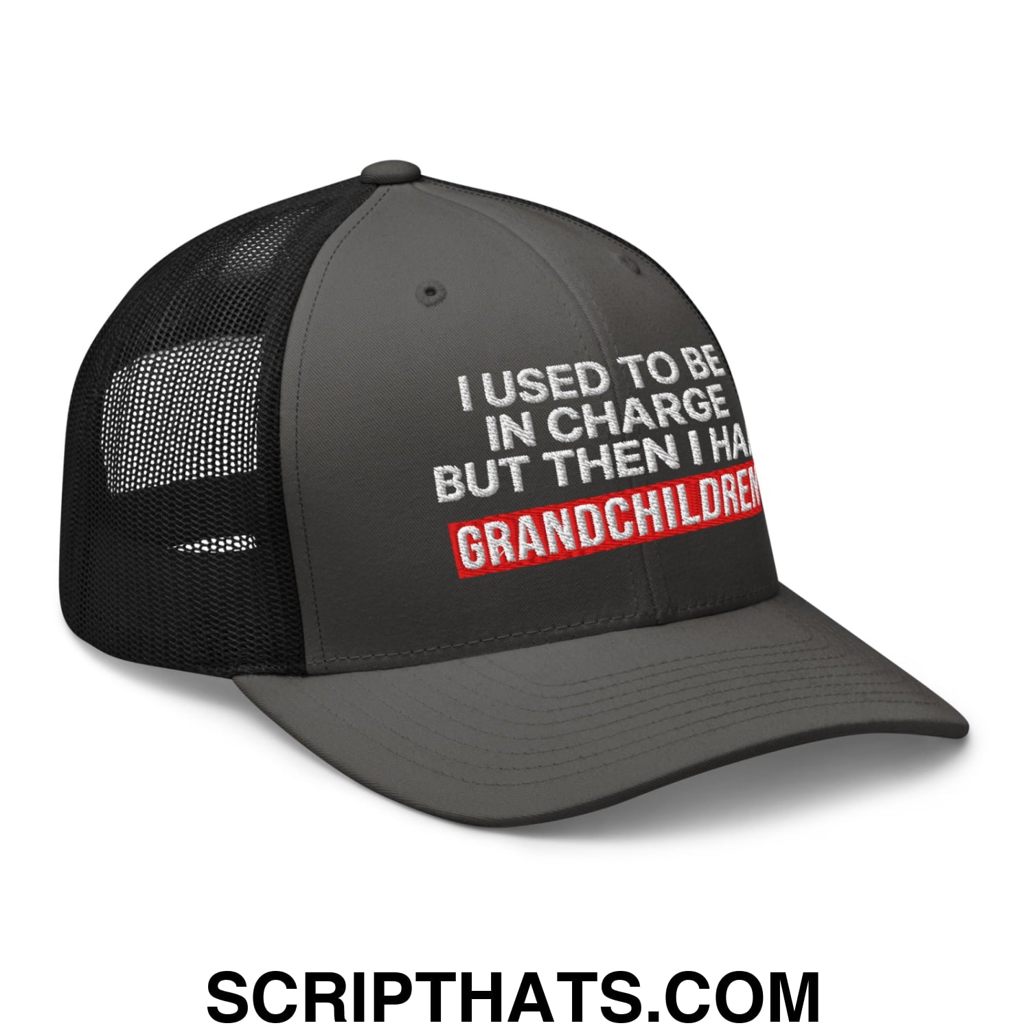 I Used to Be in Charge but Then I Had Grandchildren Embroidered Mesh Trucker Hat Charcoal Black