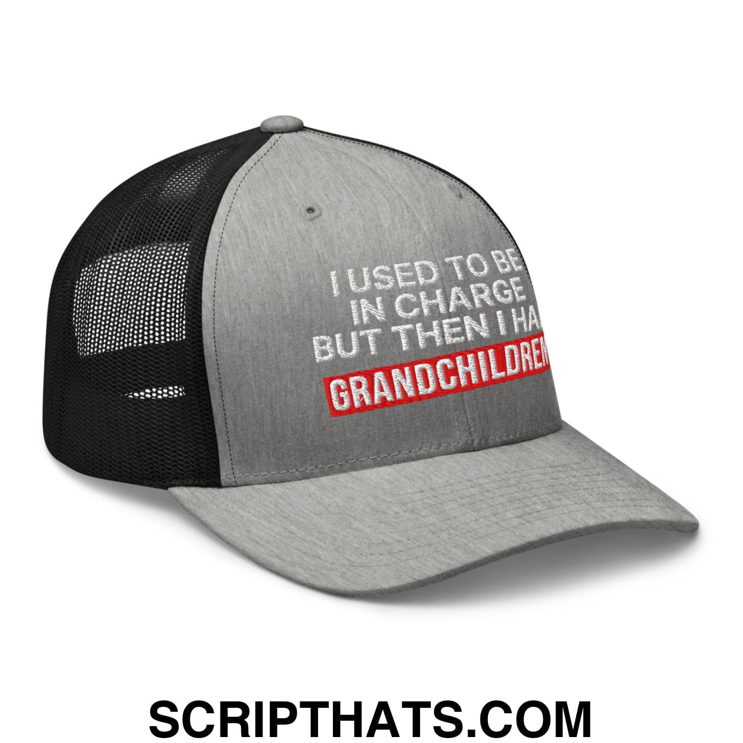 I Used to Be in Charge but Then I Had Grandchildren Embroidered Mesh Trucker Hat Heather Black