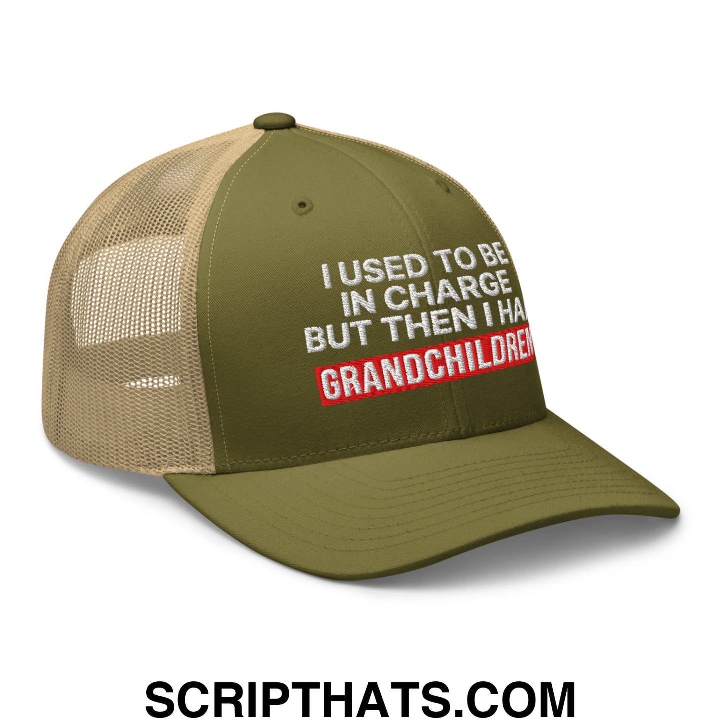 I Used to Be in Charge but Then I Had Grandchildren Embroidered Mesh Trucker Hat Moss Khaki