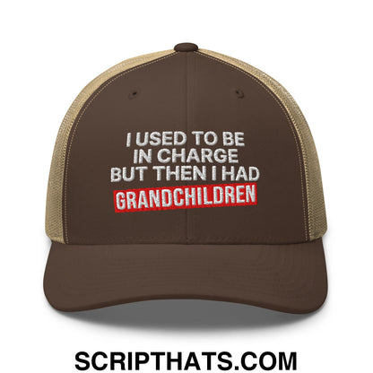 I Used to Be in Charge but Then I Had Grandchildren Embroidered Mesh Trucker Hat Brown Khaki