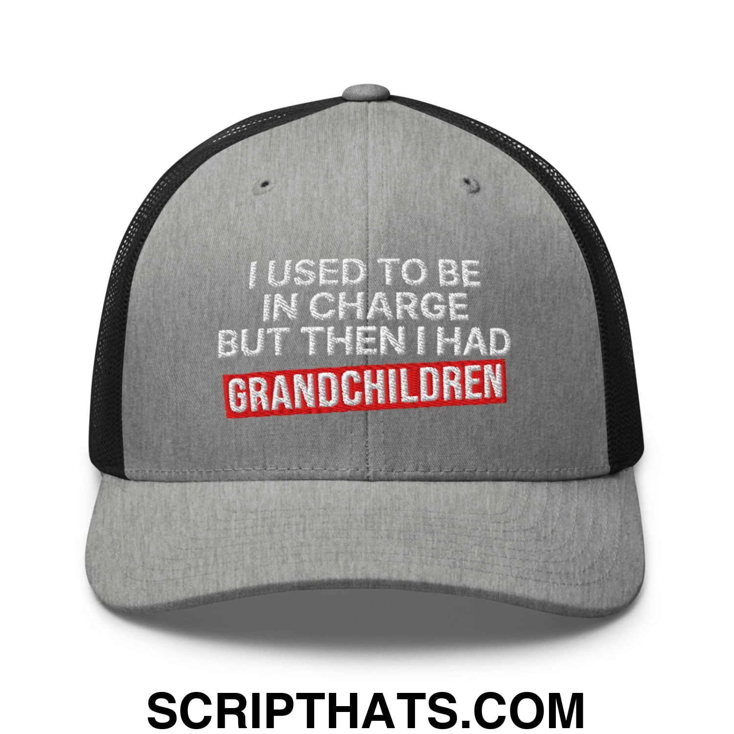I Used to Be in Charge but Then I Had Grandchildren Embroidered Mesh Trucker Hat Heather Black