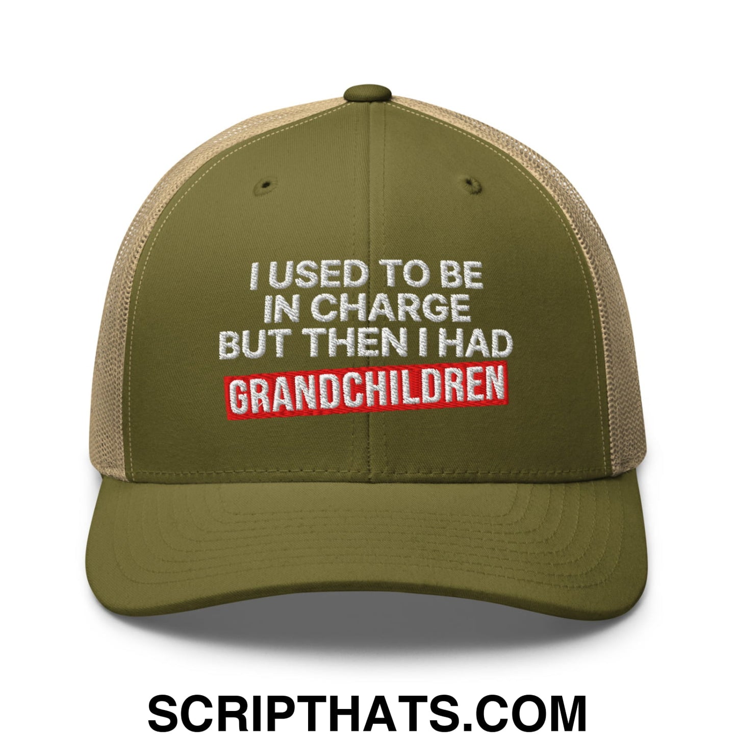 I Used to Be in Charge but Then I Had Grandchildren Embroidered Mesh Trucker Hat Moss Khaki