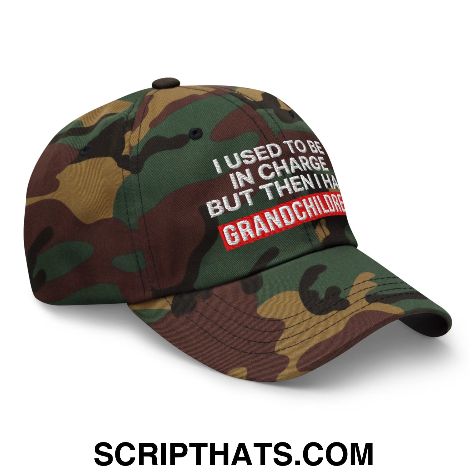 I Used to Be in Charge but Then I Had Grandchildren Embroidered Unstructured Dad Hat Green Camo