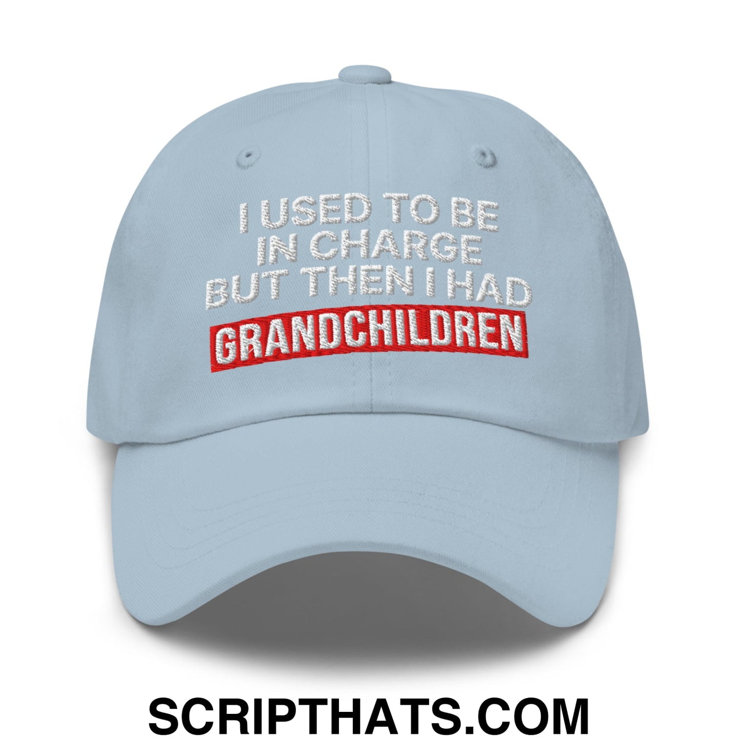 I Used to Be in Charge but Then I Had Grandchildren Embroidered Unstructured Dad Hat Light Blue