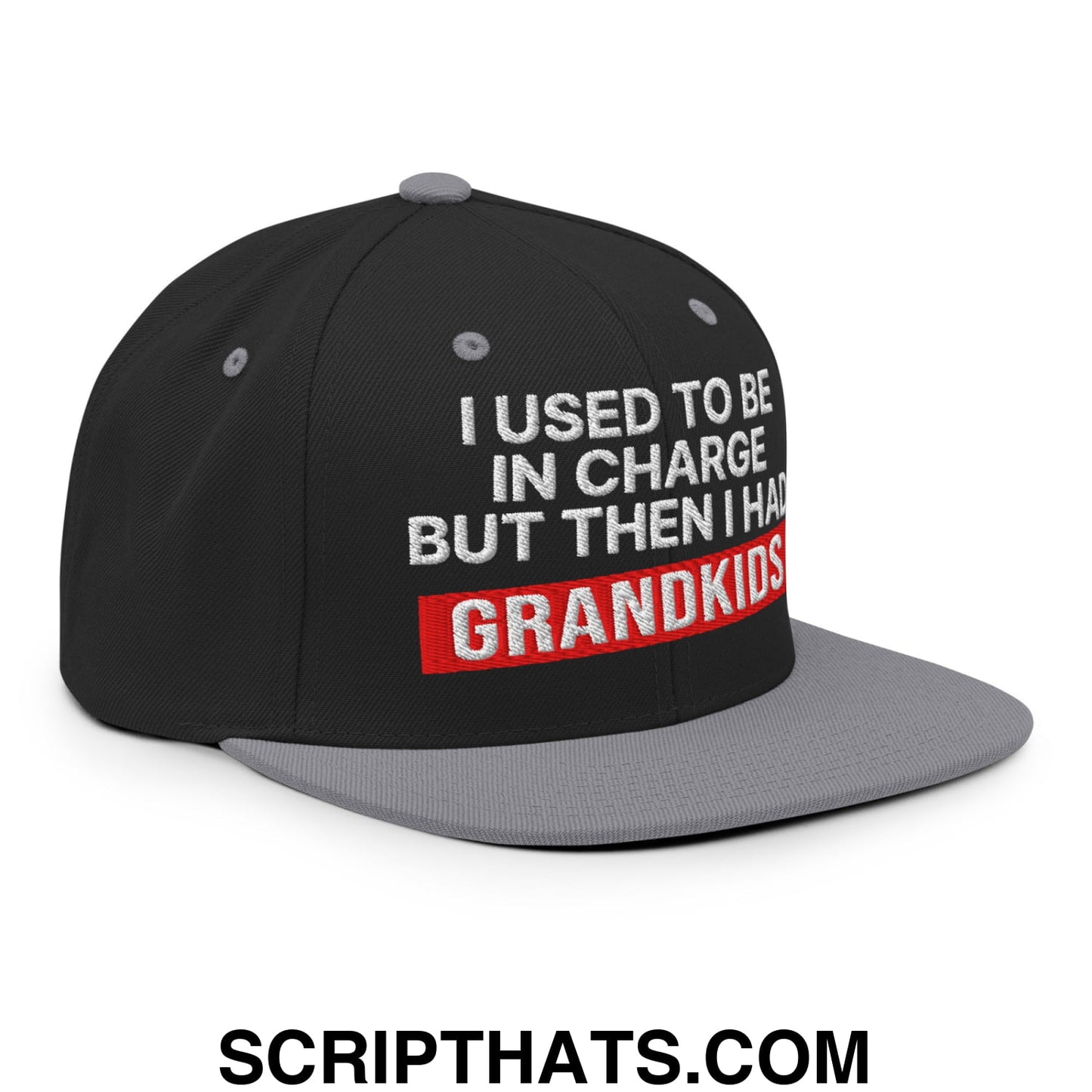 I Used to Be in Charge but Then I Had Grandkids Embroidered Flat Bill Brim Snapback Hat Black Silver