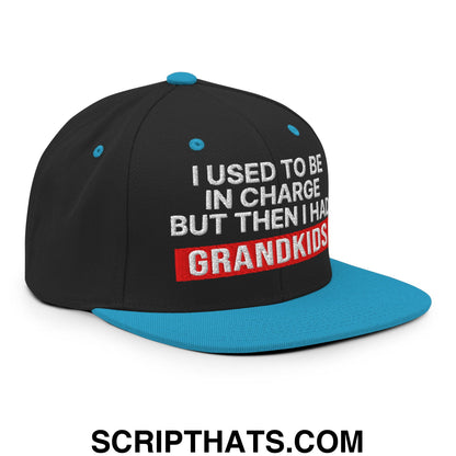 I Used to Be in Charge but Then I Had Grandkids Embroidered Flat Bill Brim Snapback Hat Black Teal
