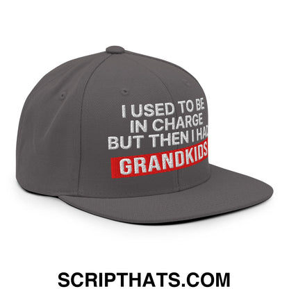 I Used to Be in Charge but Then I Had Grandkids Embroidered Flat Bill Brim Snapback Hat Dark Grey