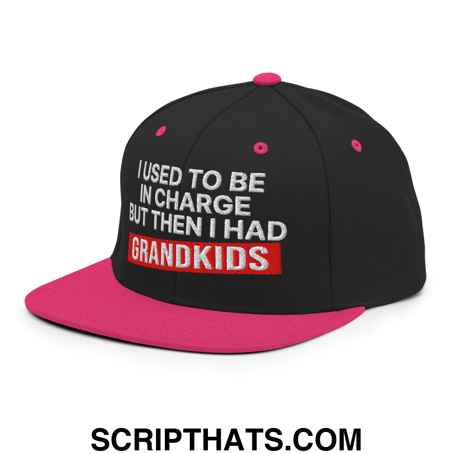 I Used to Be in Charge but Then I Had Grandkids Embroidered Flat Bill Brim Snapback Hat Black Neon Pink