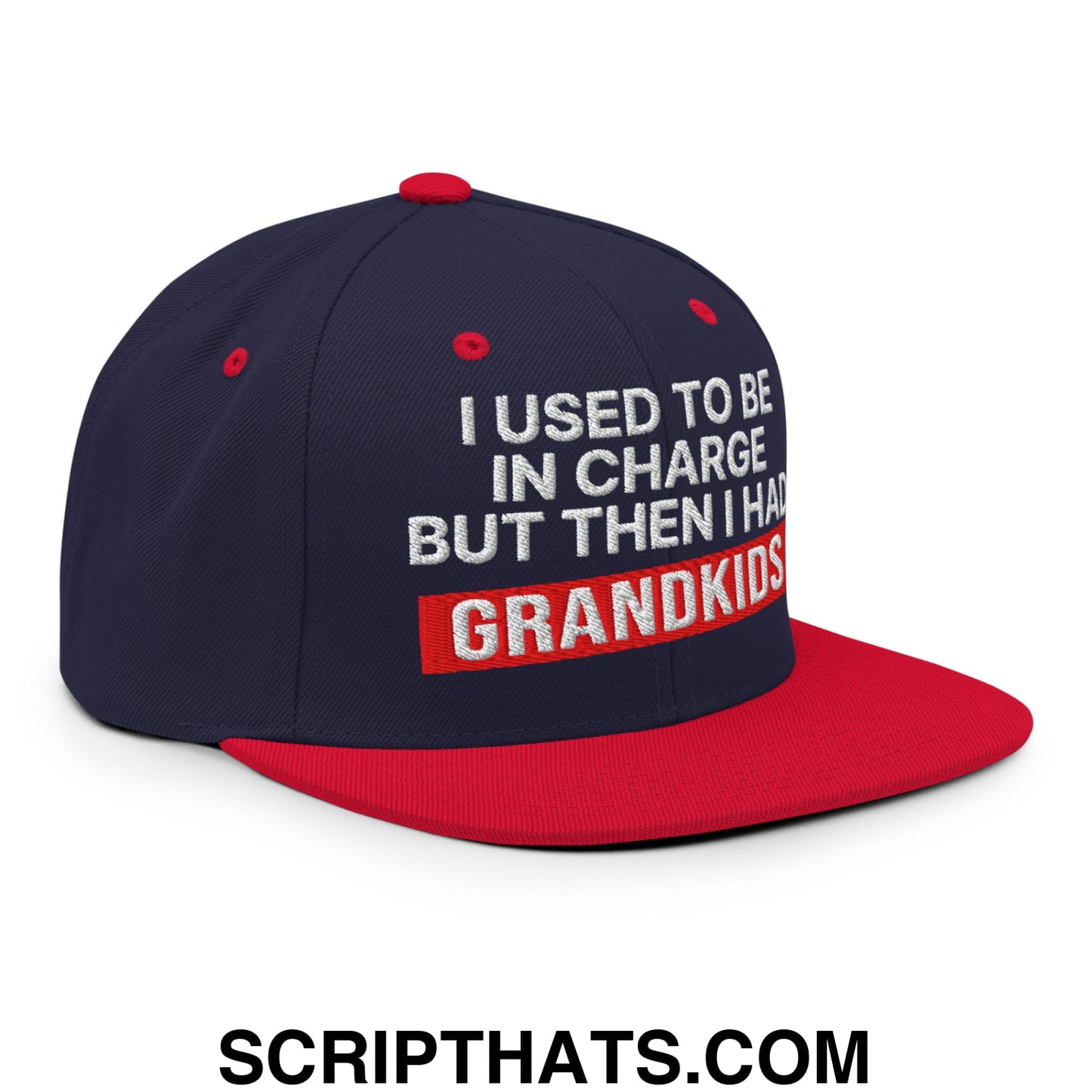 I Used to Be in Charge but Then I Had Grandkids Embroidered Flat Bill Brim Snapback Hat Navy Red