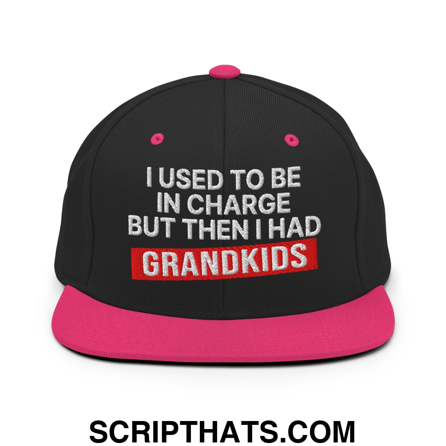 I Used to Be in Charge but Then I Had Grandkids Embroidered Flat Bill Brim Snapback Hat Black Neon Pink