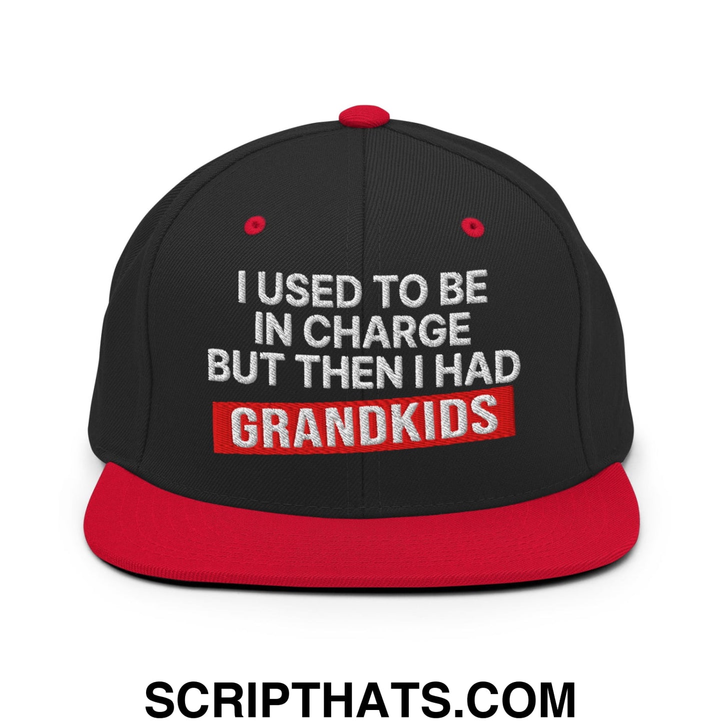 I Used to Be in Charge but Then I Had Grandkids Embroidered Flat Bill Brim Snapback Hat Black Red