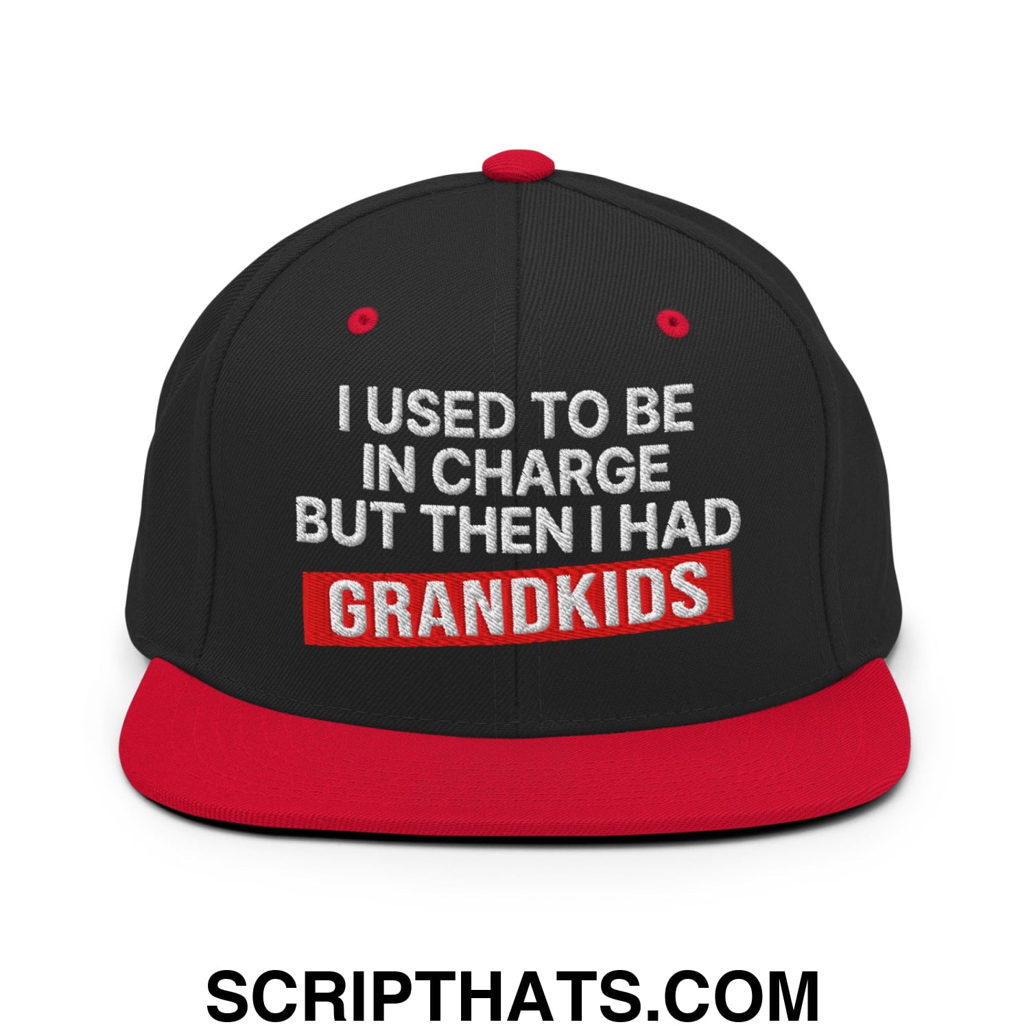 I Used to Be in Charge but Then I Had Grandkids Embroidered Flat Bill Brim Snapback Hat Black Red
