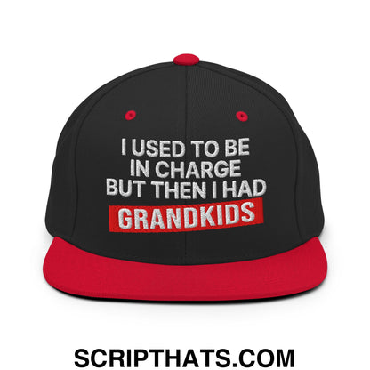 I Used to Be in Charge but Then I Had Grandkids Embroidered Flat Bill Brim Snapback Hat Black Red