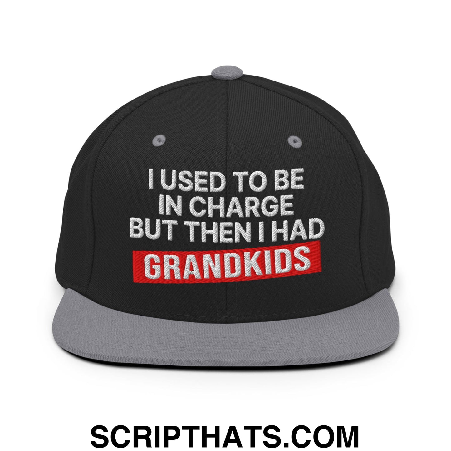 I Used to Be in Charge but Then I Had Grandkids Embroidered Flat Bill Brim Snapback Hat Black Silver