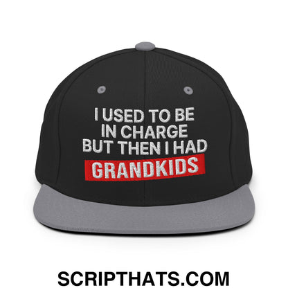 I Used to Be in Charge but Then I Had Grandkids Embroidered Flat Bill Brim Snapback Hat Black Silver
