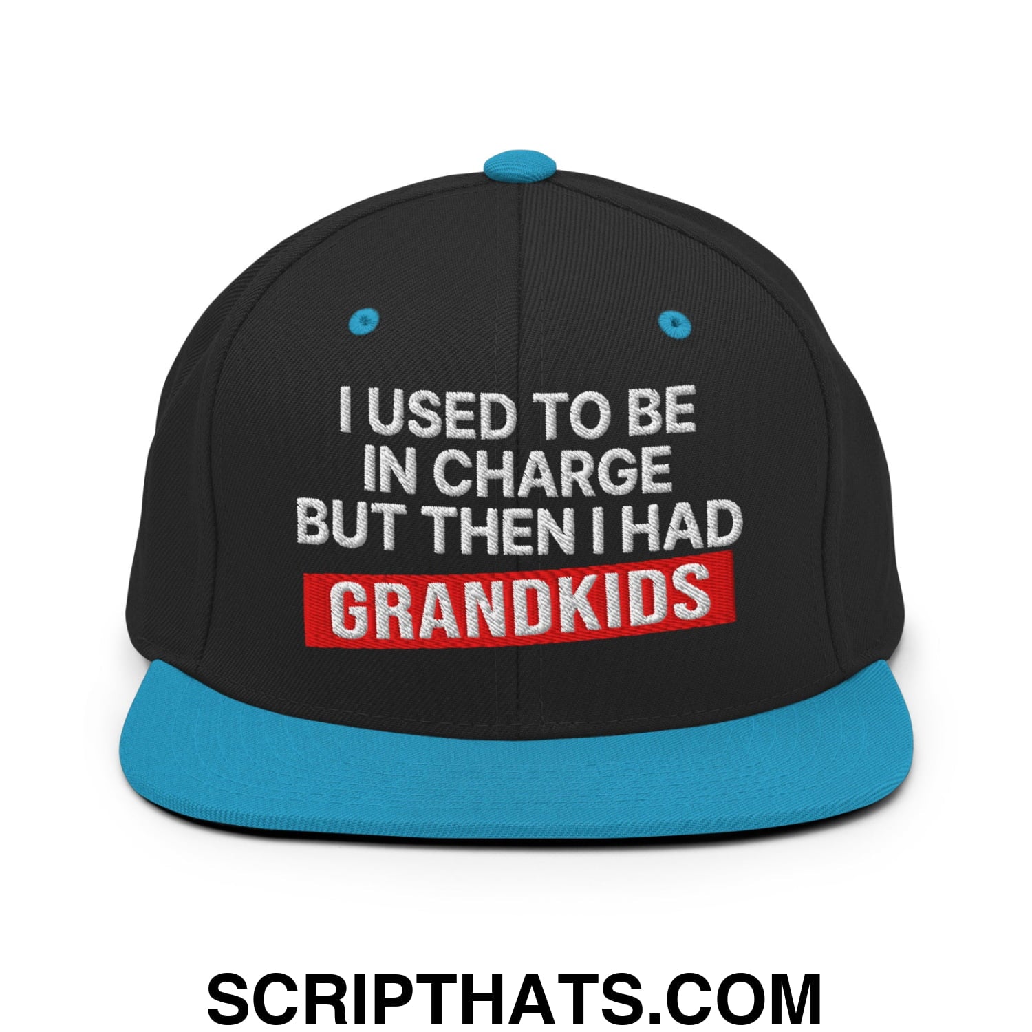 I Used to Be in Charge but Then I Had Grandkids Embroidered Flat Bill Brim Snapback Hat Black Teal