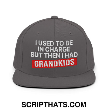 I Used to Be in Charge but Then I Had Grandkids Embroidered Flat Bill Brim Snapback Hat Dark Grey