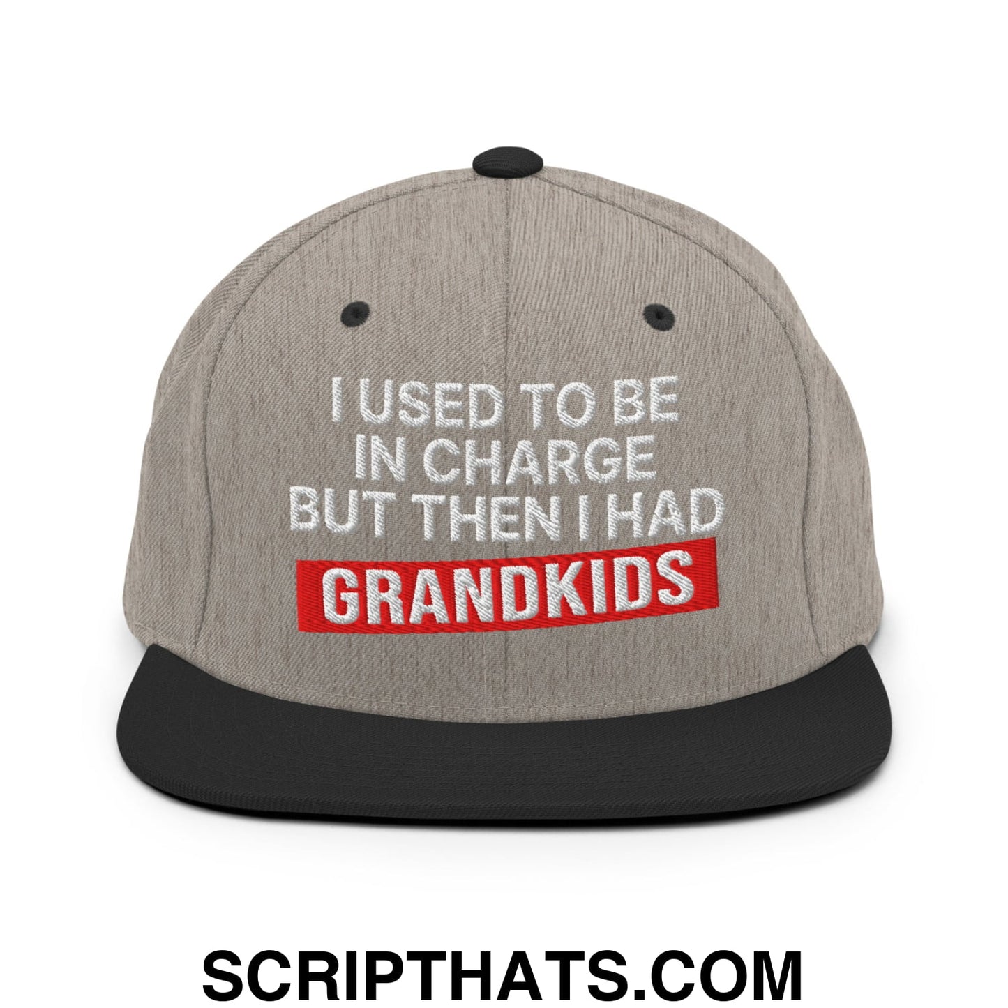 I Used to Be in Charge but Then I Had Grandkids Embroidered Flat Bill Brim Snapback Hat Heather Black