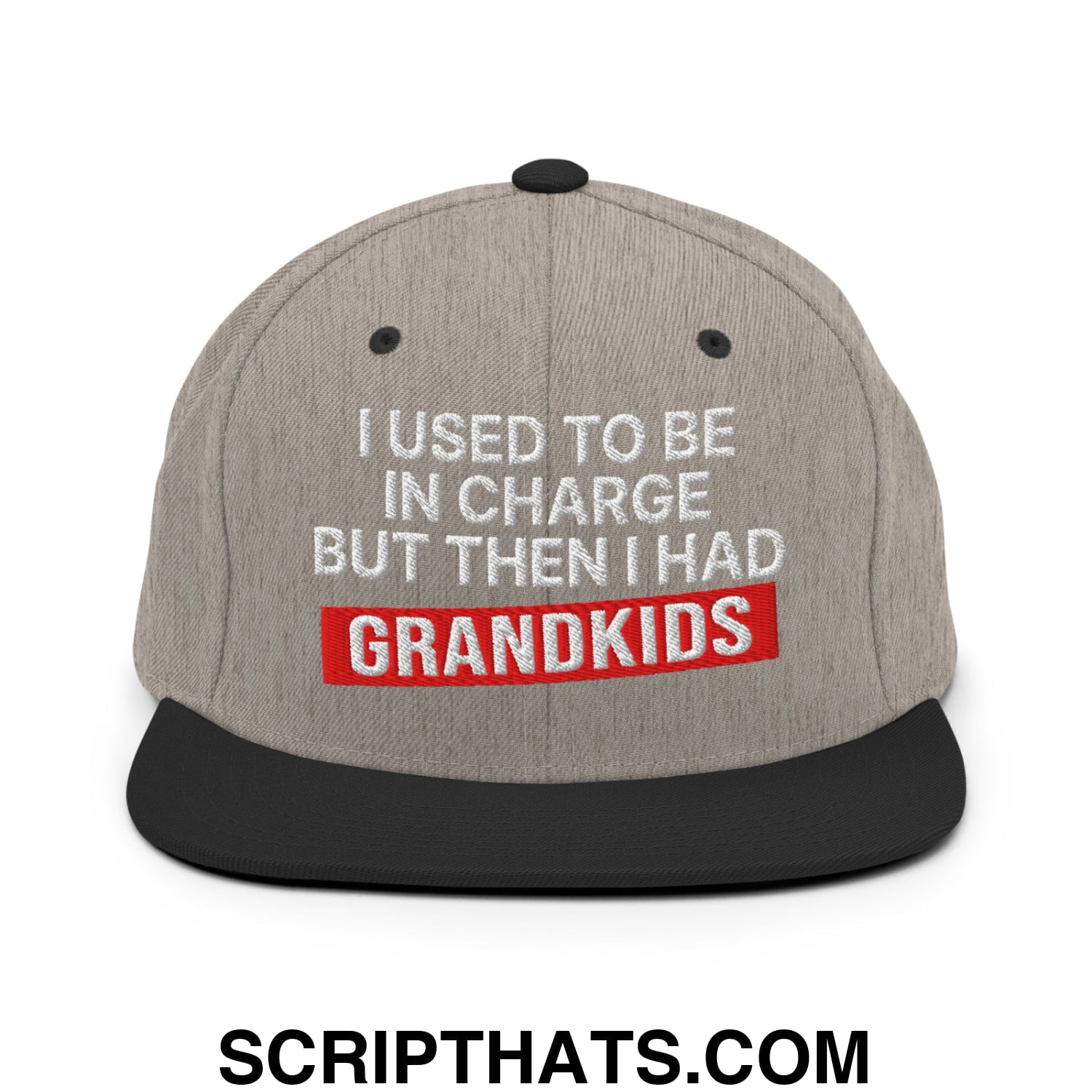 I Used to Be in Charge but Then I Had Grandkids Embroidered Flat Bill Brim Snapback Hat Heather Black