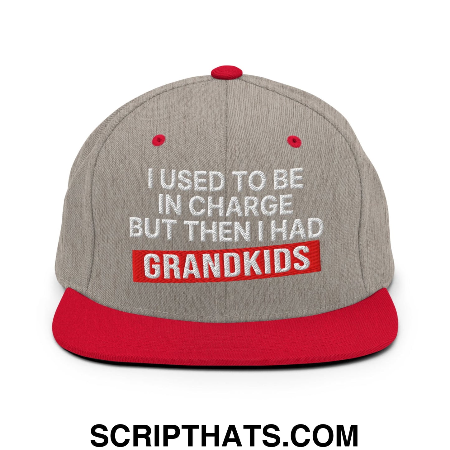 I Used to Be in Charge but Then I Had Grandkids Embroidered Flat Bill Brim Snapback Hat Heather Grey Red