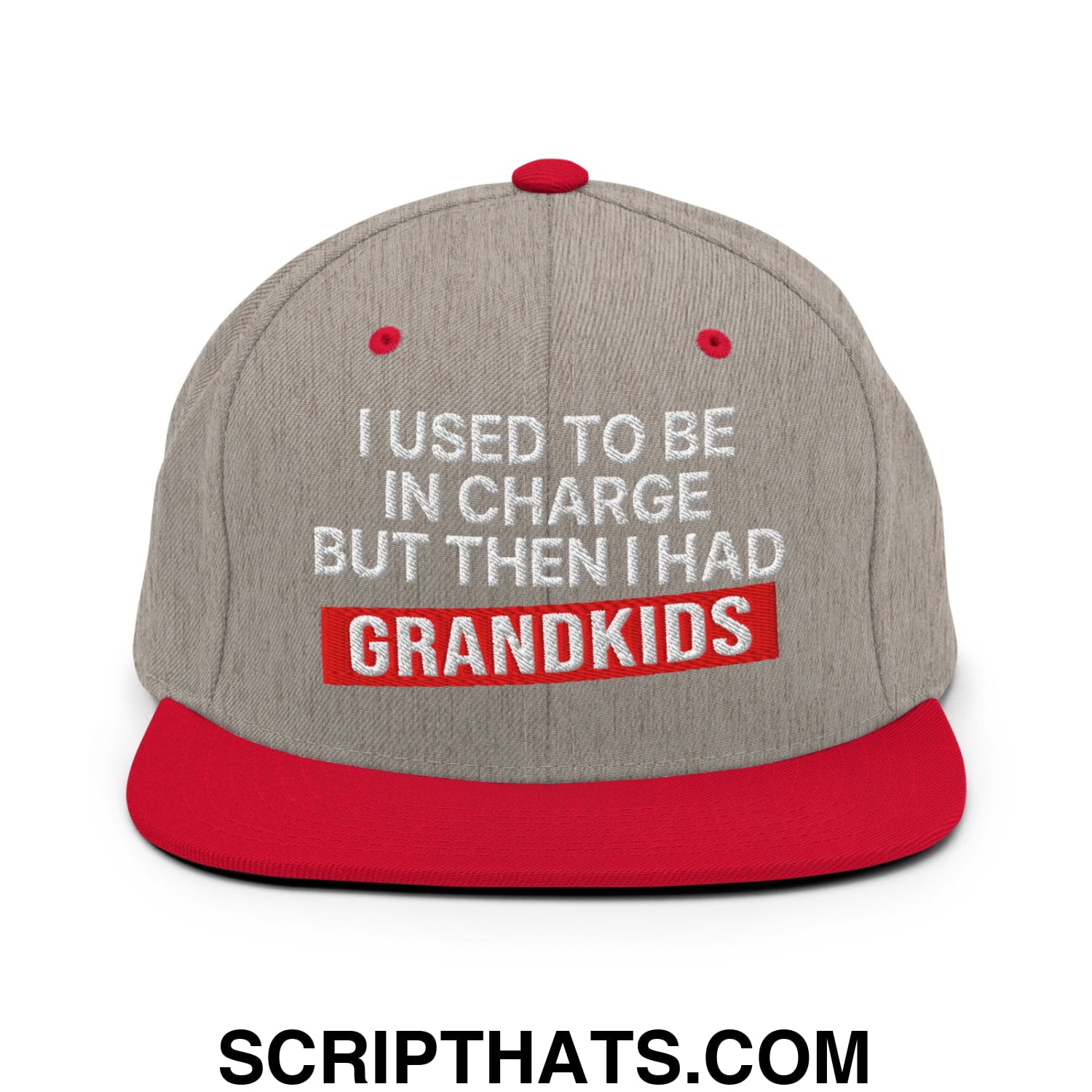 I Used to Be in Charge but Then I Had Grandkids Embroidered Flat Bill Brim Snapback Hat Heather Grey Red