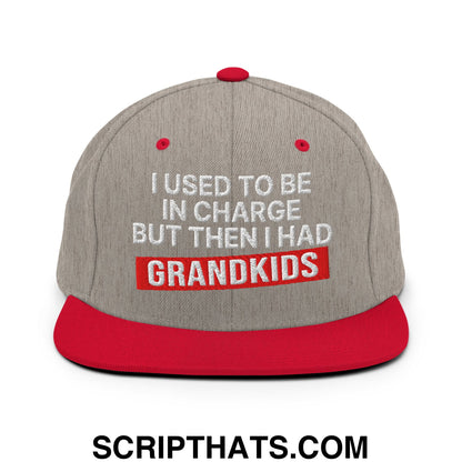 I Used to Be in Charge but Then I Had Grandkids Embroidered Flat Bill Brim Snapback Hat Heather Grey Red