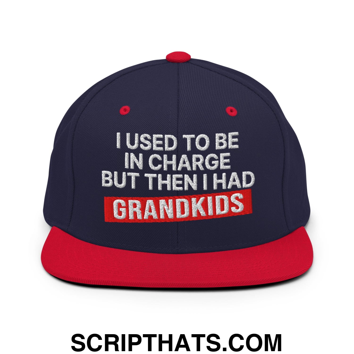 I Used to Be in Charge but Then I Had Grandkids Embroidered Flat Bill Brim Snapback Hat Navy Red