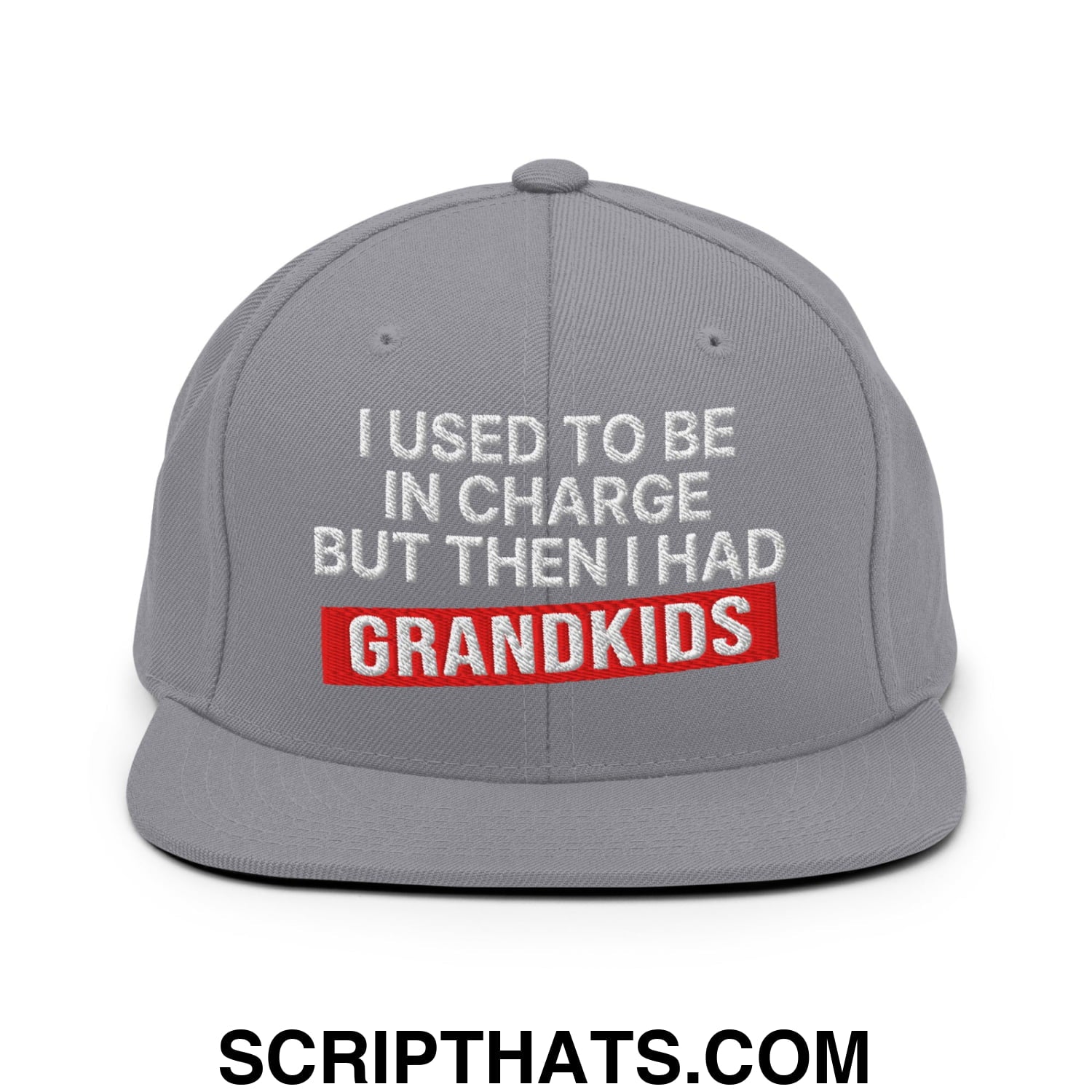 I Used to Be in Charge but Then I Had Grandkids Embroidered Flat Bill Brim Snapback Hat Silver