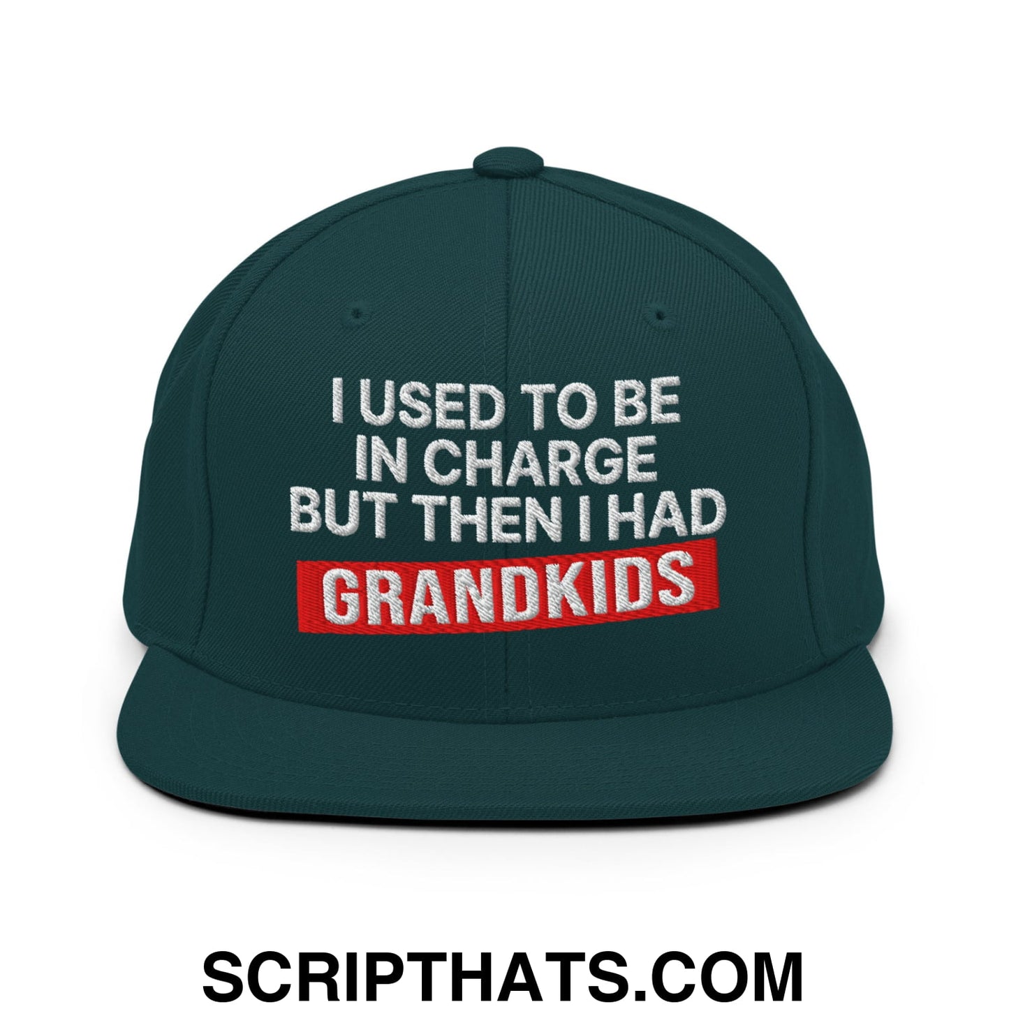 I Used to Be in Charge but Then I Had Grandkids Embroidered Flat Bill Brim Snapback Hat Spruce