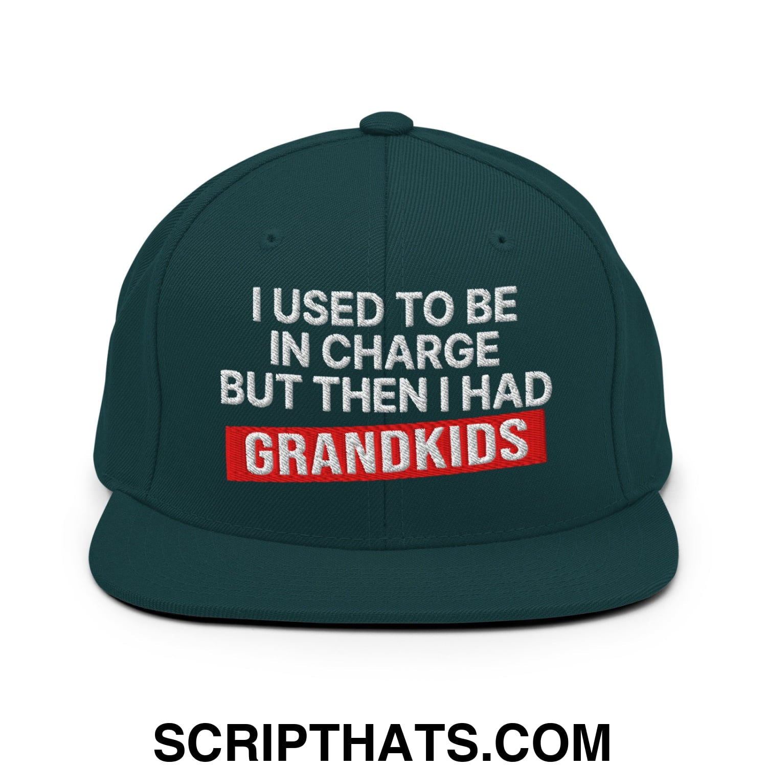 I Used to Be in Charge but Then I Had Grandkids Embroidered Flat Bill Brim Snapback Hat Spruce