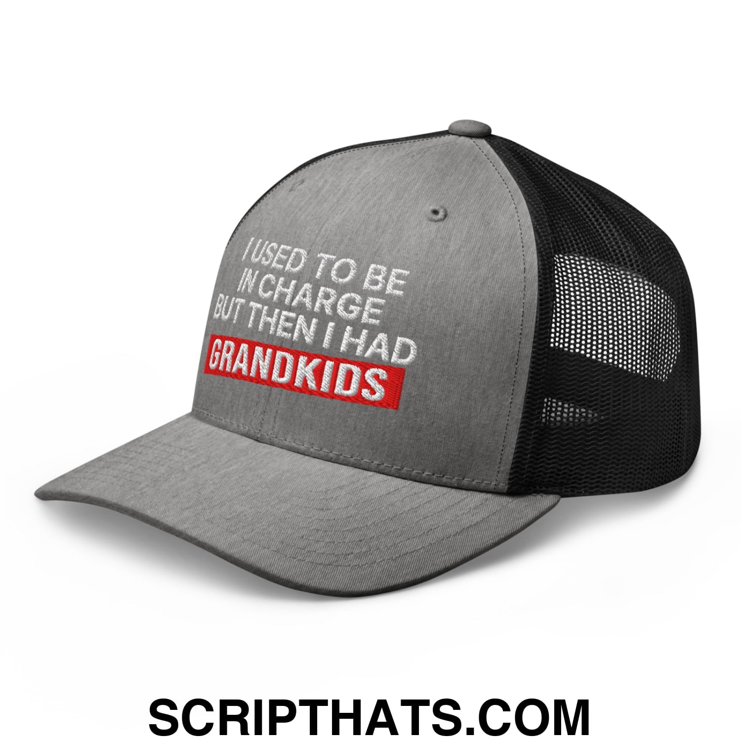 I Used to Be in Charge but Then I Had Grandkids Embroidered Mesh Trucker Hat Heather Black