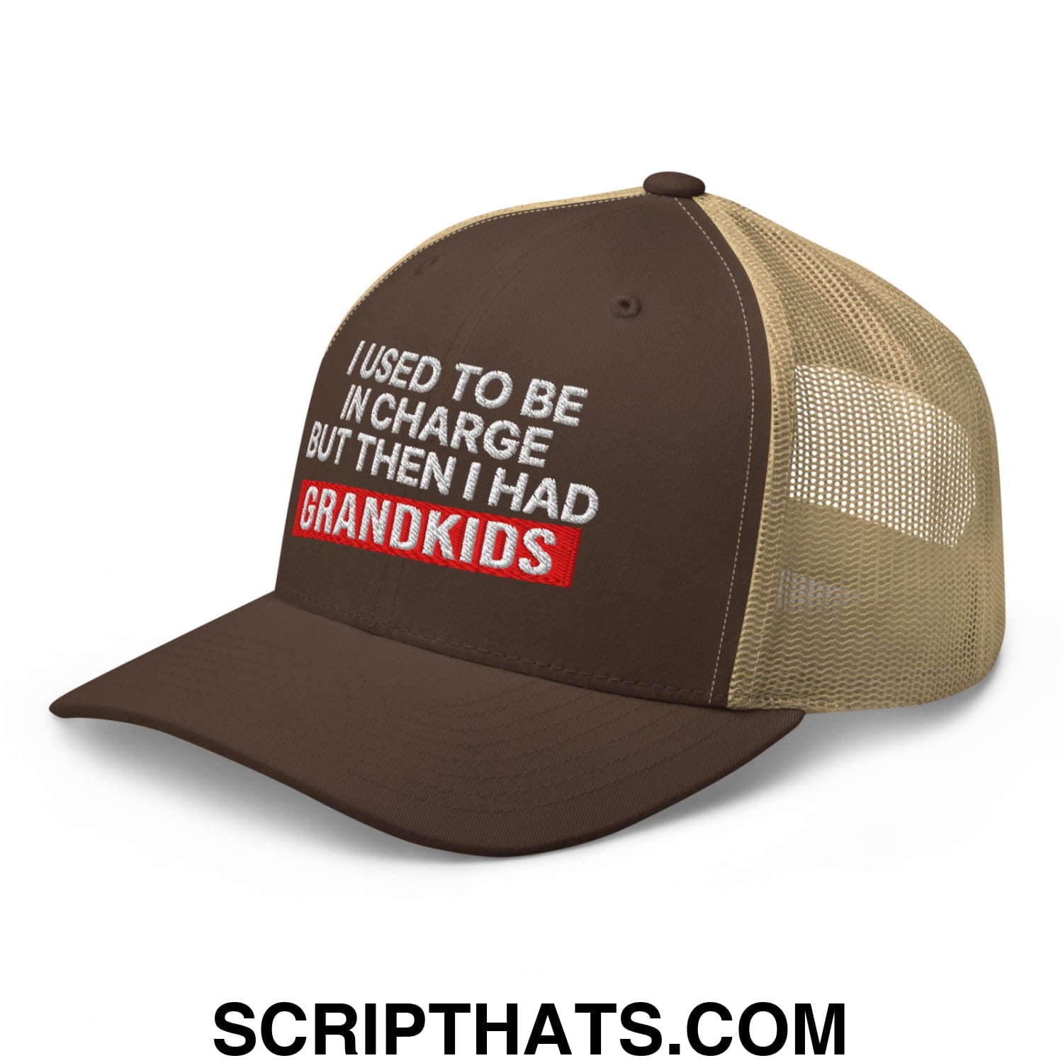I Used to Be in Charge but Then I Had Grandkids Embroidered Mesh Trucker Hat Brown Khaki