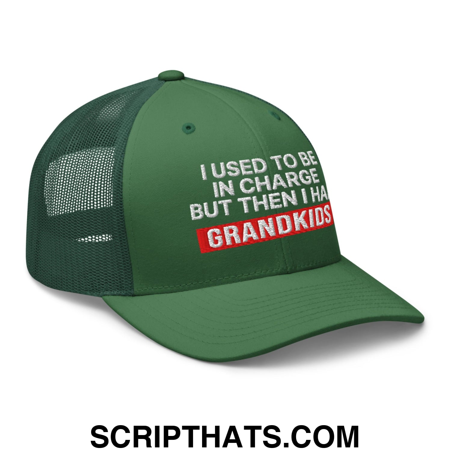 I Used to Be in Charge but Then I Had Grandkids Embroidered Mesh Trucker Hat Evergreen