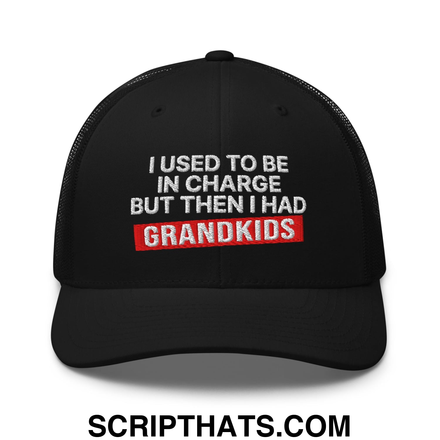I Used to Be in Charge but Then I Had Grandkids Embroidered Mesh Trucker Hat Black