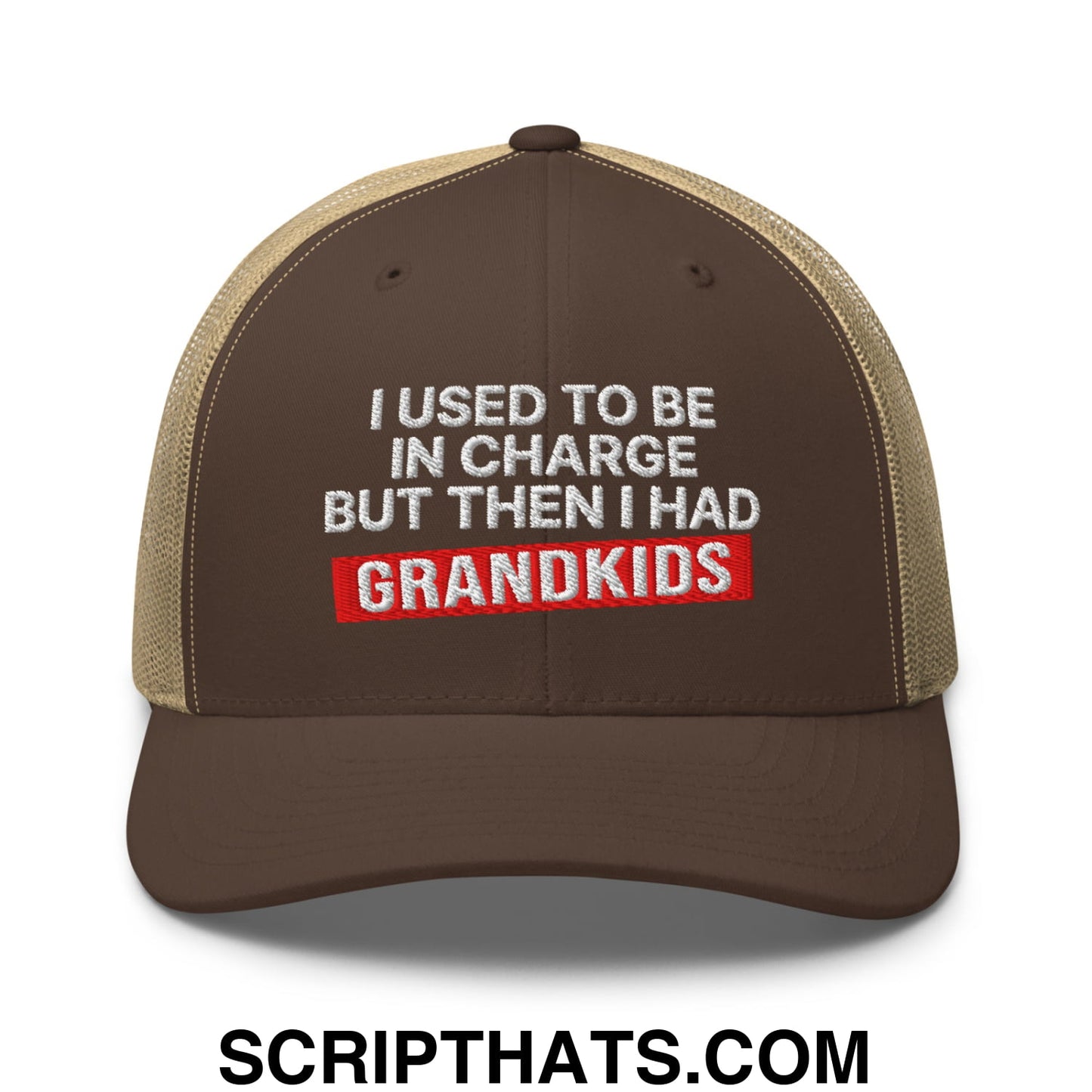 I Used to Be in Charge but Then I Had Grandkids Embroidered Mesh Trucker Hat Brown Khaki