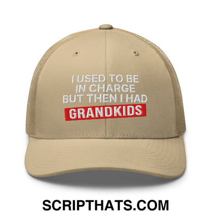 I Used to Be in Charge but Then I Had Grandkids Embroidered Mesh Trucker Hat Khaki