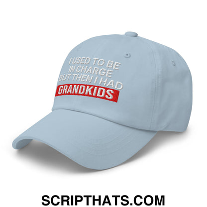 Light blue unstructured dad hat with embroidered text i used to be in charge but then i had grandkids in white and red