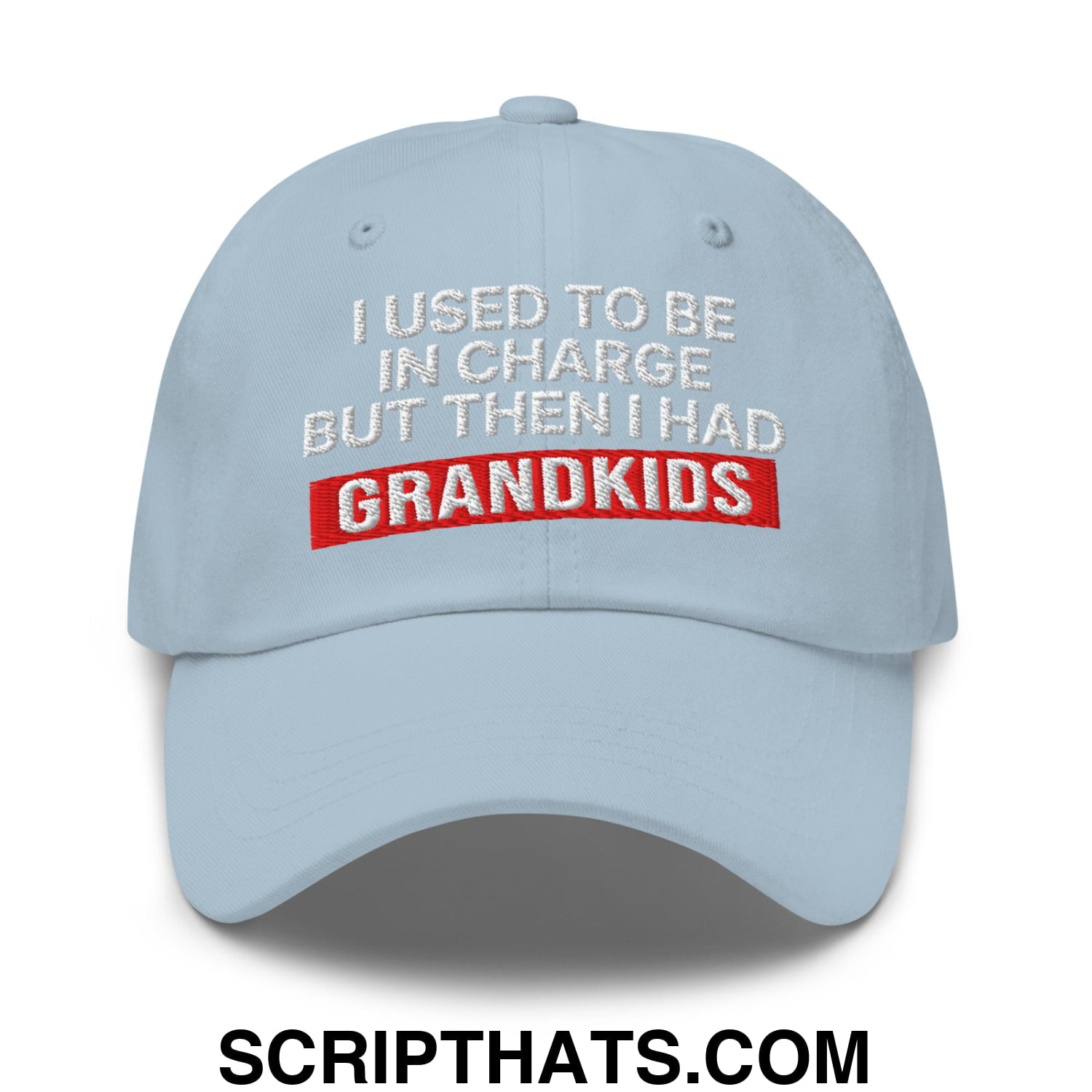 Light blue unstructured dad hat with white and red embroidered text i used to be in charge but then i had grandkids
