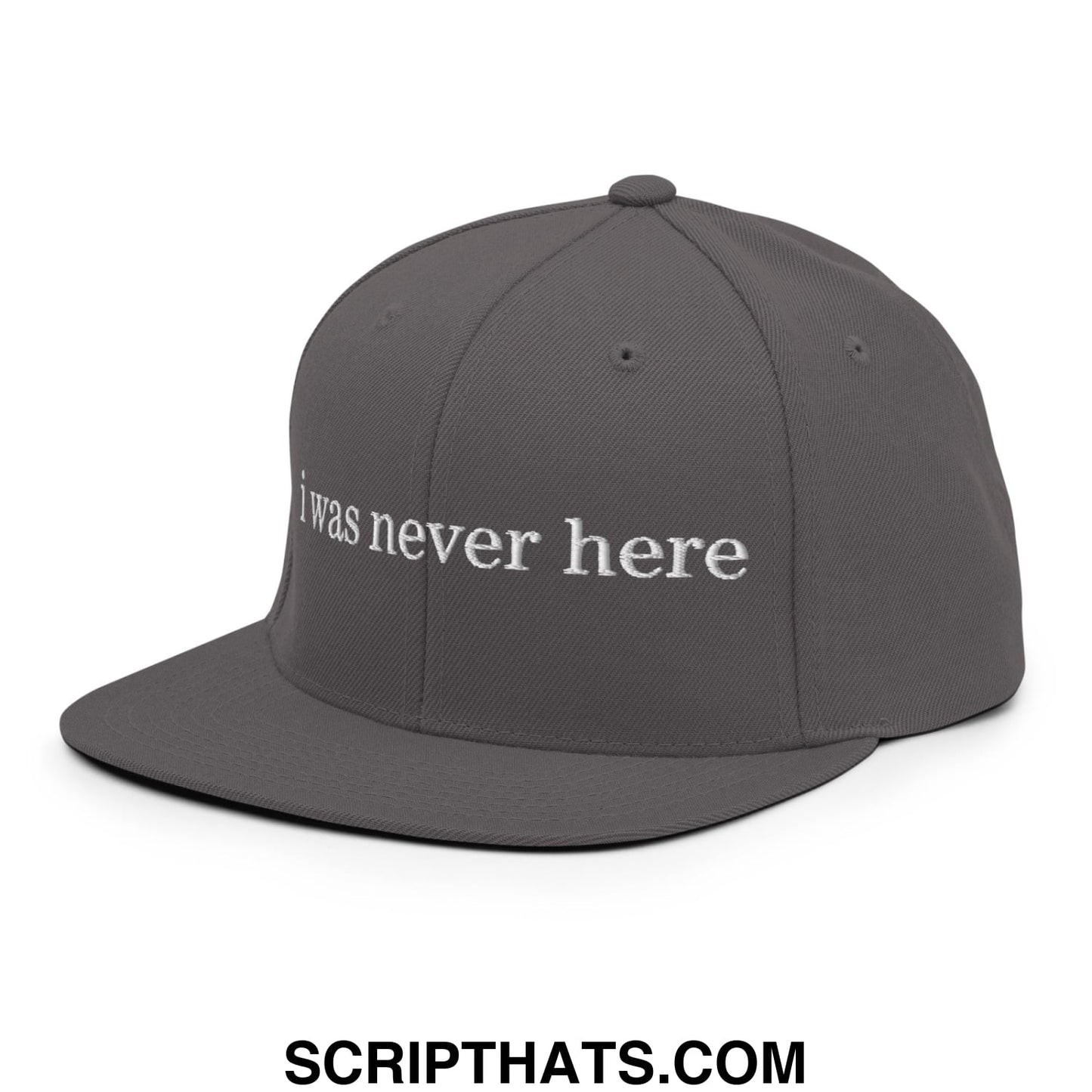 Gray snapback hat with white embroidered i was never here text and flat bill brim in a casual style