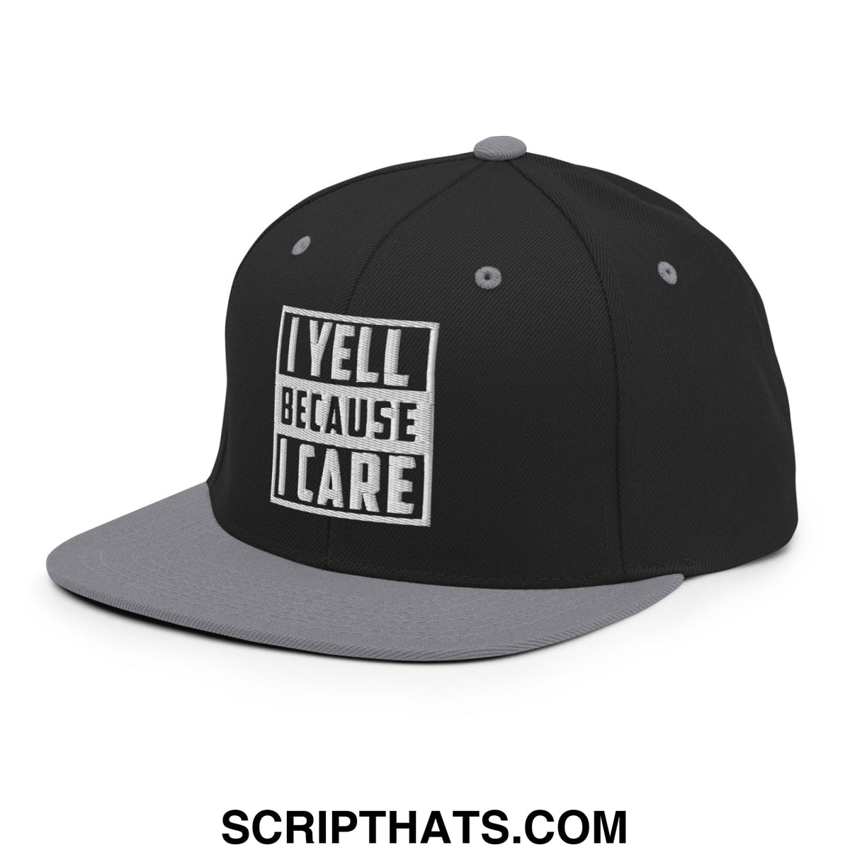 Black and gray snapback cap with white embroidered i yell because i care logo featuring a flat bill brim